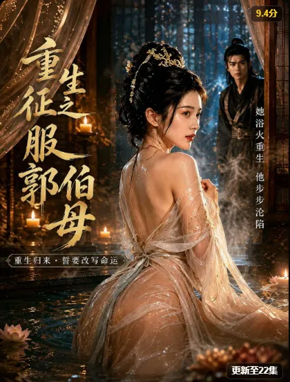 古装题材竖版短剧海报，女主穿薄纱长裙立于水池中